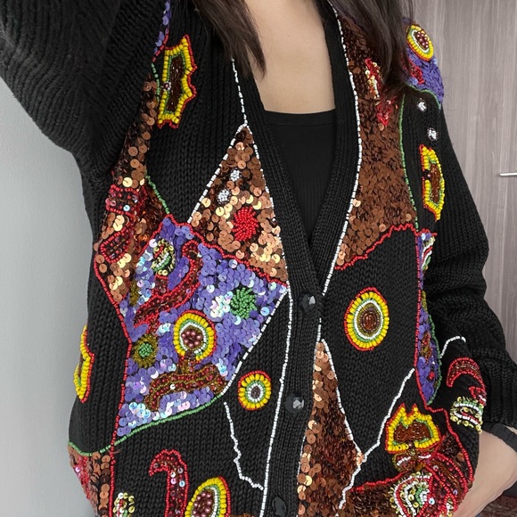 VINTAGE 80’s Multicoloured Beaded  Cardigan Sweater - Picture 6 of 12
